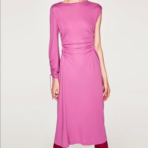 Zara Pink/Purple One Shoulder Gathered Midi Dress NWT - Picture 3 of 7